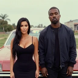 Kim Kardashian and Kanye West in a Wes Anderson movie, 8K concept art, vintage, shot on Kodak Ektar