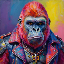 ron pearlman as an apocalyptic anthropomorphic gorilla biker character, psychedelic vibrant colors, futuristic punk rock fashion, oil painting by michael whelan art, perfect face, sharp focus, detailed eyes, realistic, 8 k