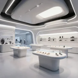 octane lumion corona, futuristic store interior with display tables
