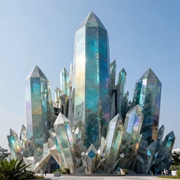 the architecture of a civilization that is obsessed with obsidian crystals and likes iridescence in their building materials, sharp edged structures, sparkling, cooler coloration