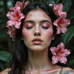 a beautiful portrait of a beautiful woman with eyes closed in the jungle surrounded by pink flowers, face paintings, matte painting, fantasy art