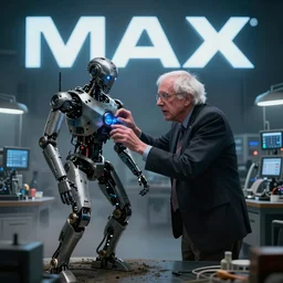 bernie sanders putting the finishing touches on a scifi doomsday robot, cinematic moody lighting, led lighting, sharp focus, dirty smoky laboratory, imax