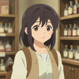 anime visual, portrait of a young female traveler in a alchemist's potion shop interior shopping, cute face by ilya kuvshinov, yoh yoshinari, makoto shinkai, katsura masakazu, dynamic pose, dynamic perspective, cel shaded, flat shading mucha, crisp and sharp, rounded eyes, moody, detailed facial features, blue, hdr