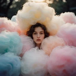 An vintage analog head and shoulder frontal face portrait photography of a woman surrounded by thousand fluffy soft giant! oversized!! pastel colorful cotton balls by tim walker. Kodak Portra 800 film. shallow depth of field. (Depth of field). whirl bokeh!!. Golden hour. detailed. hq. realistic. warm light. muted colors. dark Mood. Filmic. Dreamy. lens flare. Mamiya 7ii, f/1.2, symmetrical balance, in-frame