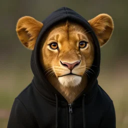 Portrait of Young Simba, dressed black hoodie, digital art, ultrarealistic, artstation, 8k, hyperdetalied, high quality, high render