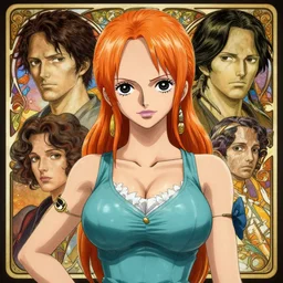 intricately detailed vfx portrait of nami from one piece by eiichiro oda, makoto shinkai, alphonse mucha, art by artgerm and greg rutkowski, best of behance, concept art, matte, sharp focus, orange hair, elegant, adolphe bouguereau, annie leibovitz, stanley kubrick, cel shading, hdr,