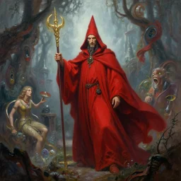 fantasy painting with a wizard in red robes in a surreal environment by greg rutkowski and michael whelan w 1 0 2 4