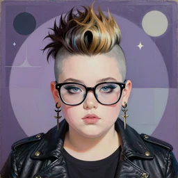 a chubby young goth girl an asymmetrical ombre mohawk wearing oversized euro glasses and a leather jacket. high key, anaglyph lighting, detailed character design, melancholic flat geometric minimalism by oskar schlemmer, moebius, nagel, john berkey, oil on canvas, portrait facial head, featured on artstation, hd wallpaper, anime art nouveau cosmic display