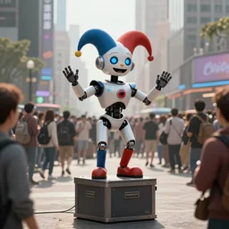 a futuristic cyberpunk jester robot entertaining a crowd on a small box in the middle of the city square