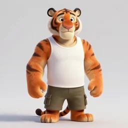 ultradetailed buff tiger character wearing a tank top and cargo shorts, disney, pixar