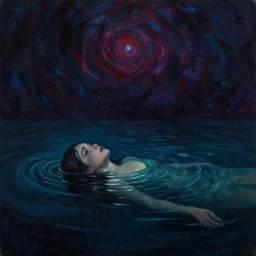 despair, drowning, loneliness. collapsing into spiral oblivion, the weeping visage of a longing dreamer in desolation. cosmic void, abyssal ocean depths, vibrant darkness, by jackson pollock, john avon, rebecca guay, carl critchlow. moody, murky. glimmering hopes last gasp in the endless waters. gouache painting.