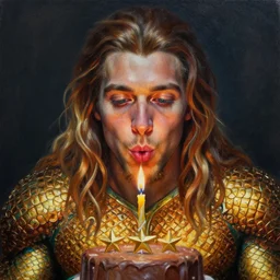 intricate five star portrait of aquaman blowing the candle at his birthday, emotion, oil on canvas, hdr, high detail, photo realistic, hyperrealism, matte finish, high contrast, 3 d depth, centered, masterpiece, grainy, tasteful colors, enhanced light effect, enhanced eye detail, artstationhd