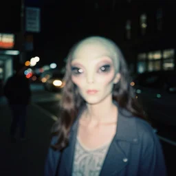 analog medium format film blurry street night flash photography close up stranger things extraterrestrial portrait in new york, 1 9 6 0 s hasselblad film street photography, featured on unsplash, vintage expired colour film photograph