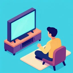 an isometric illustration of a man watching tv, flat synthwave art style