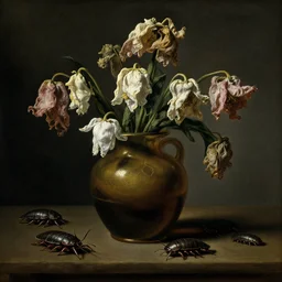 isopods crawling near flower vase dutch golden age still life, withered flowers, otto marseus van schrieck still life, dutch golden age painting, dramatic lighting, cinematic lighting, willem van aelst still life, elias van den broeck painting still life, christiaen striep still life, rachel ruysch flowers, oil on canvas, highly detailed, vanitas baroque painting