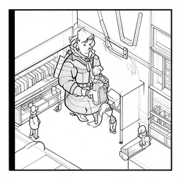 a still frame from comic strip, isometric blueprint illustration 1 9 5 0, herluf bidstrup, new yorker illustration, monochrome bw, lineart, manga, tadanori yokoo, simplified,