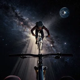surreal, dreamlike image of a person riding a mountain bike througout deep space, view from camera placed on his helmet