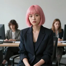 A dramatic portrait of a stylish girl with short pink hair, wearing a blazer, sitting in an office. By Alex Turnheart, Zee Day, and Sarah Finegold. Studio photography. 3-Point Lighting. Retouched. 4K HD Wallpaper. Premium Prints Available.
