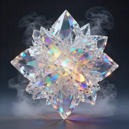 an abstract 3 d sculpture, fractal based structure, made of translucent iridescent glasslike transparent colorless crystal, glowing from inside with full spectrum of colors. tiltshift dslr crystal photography. diamond. 8 k 3 d. octane render. covered with smoke.