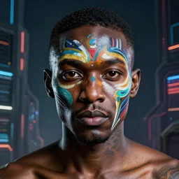 hyper realistic portrait of a futuristic african warrior with face paint in the middle of a broad cyberpunk background with lots of space all round, perfect face, fine details, colorful patterns, studio lighting, subtle shadows, art by tim okamura and karol bak, canon eos r 3, f / 1. 4, iso 2 0 0, 1 / 1 7 0 s, 8 k, raw, unedited, in - frame