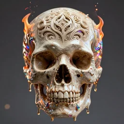 a melting-dripping carved human skull. burning distortions. intricate abstract. intricate artwork. by Tooth Wu, wlop, beeple, dan mumford. octane render, trending on artstation, greg rutkowski very coherent symmetrical artwork. cinematic, hyper realism, high detail, octane render, 8k, depth of field, bokeh. iridescent accents