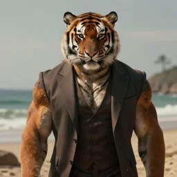 portrait painting of a 3 0 years old rugged masculine muscular furry tiger, wearing a suits, background is beach ， unreal render cinematic lighting art 1 9 2 0 period drama by bussiere rutkowski andreas rocha