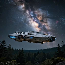 beautiful forest grey tint cinematic lights cybernetic spaceship in the sky start exploding in milky way galaxy