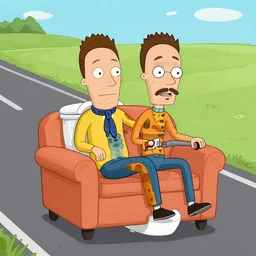 Beavis and Butthead riding a toilet couch down the road, digital art