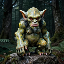 a troll on a rock in the woods, dramatic lighting, fluid, smooth, bright, colours, high contrast, sharpness, very detailed, intricate, by moebius, frazetta, giorgio de chirico and klimt