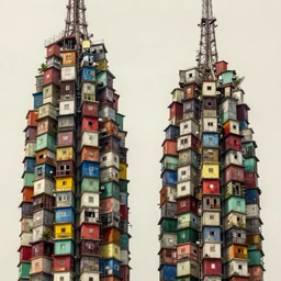close - up view of two symmetrical suspended towers made up of colourful makeshift squatter shacks, faded colours, uniform off - white sky, dystopia, mamiya, very detailed, photographed by cristina de middel