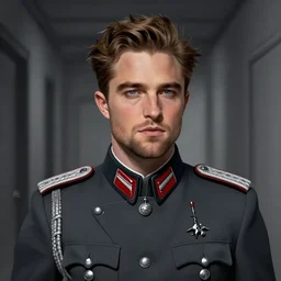 high detail portrait of robert pattinson as ss standartenfuhrer, in grey hallway, detailed, digital illustration, concept art, smooth, noir dramatic cinematic, sharp focus, art by brothers hildebrandt, and alex grey