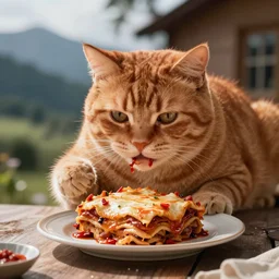 large overweight orange cat eating lasagna by Roger Deakins