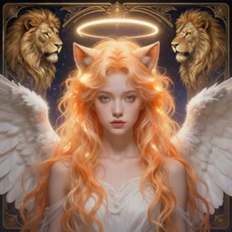 Portrait of a girl angel with pale orange colored frizzy strands of illuminated hair, cat ears on her head, glowing halo, Lion's Mane, Cosmic, Lion's Gate, 8/8, fantasy, intricate, elegant, highly detailed, digital painting, artstation, concept art, smooth, sharp focus, illustration, art by Krenz Cushart and Artem Demura and alphonse mucha