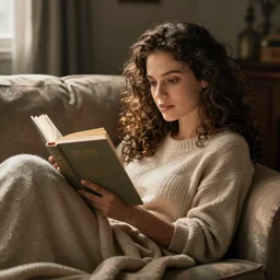 a woman curled up on the couch with a blanket and a good book