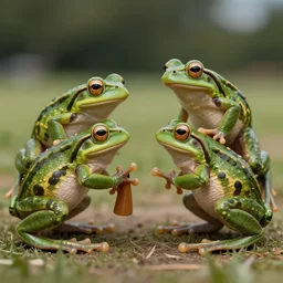 frogs playing polo, highly detailed, extremely high quality, hd, 4 k, 8 k, professional photographer, 4 0 mp, lifelike, top - rated, award winning, cinematic, realistic, detailed lighting, detailed shadows, sharp, no blur, edited, corrected, trending