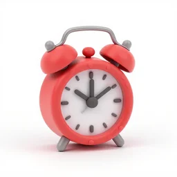 Very tiny red alarm Clock that looks like the iOS emoji and has the same colors, 3D clay render, 4k UHD, white background, isometric top down left view, diffuse lighting, zoomed out very far.