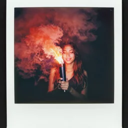 analog vintage photography portrait polaroid of a smoke bomb, red color bleed, heavy film grain, bloom, glow
