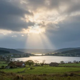 magnificent and fantastic john howe landscape, lake, cloud, moning, farm, fairy tale ， light effect ， dream