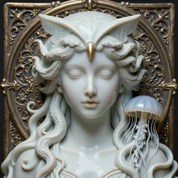 face portrait, artwork by james jean, chiara bautista, hyperdetailed realistic smooth polished porcelain, beautiful owl jellyfish medusa queen, jean delville, art nouveau, james jean, ornate metal gothic icon heavy patina, joy, delicate, ultrasharp hyperdetailed photorealistic octane render, enchanting, otherworldly, whimsical, ethereal, mythology, magical