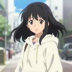 black haired girl wearing hoodie, city bright daylight background, anime by shinkai makoto, highly detailed, 4 k, dynamic lighting