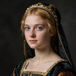 portrait of young woman in medieval dress and medieval headdress, blue eyes and blond hair, style by piero della francesca