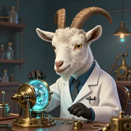 a portrait of a goat who is a mad scientist, wearing a lab coat, inventing a time machine, steampunk style, digital art, close - up shot, coherent
