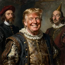 oil portrait of president donald trump as a historic dwarf jester fool. smiling widely. medieval dirty and grimy noble. historic royal portrait from the renaissance era. oil painting, highly detailed, centered, artstation, concept art, smooth, sharp focus, illustration, artgerm, vermeer, hans holbein, titian, salvador dali, hieronymus bosch, frans hals, rembrandt