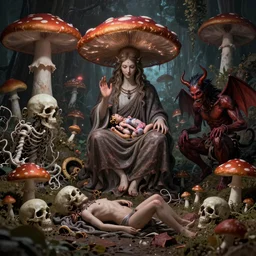 horror vacui depicting sacred and profane, birth, love, death, God, devil, reproduction, psychedelic, mushrooms 8k, unreal,