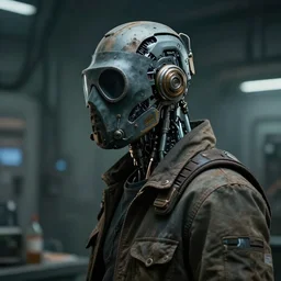 a half - masked rugged laboratory engineer man with cybernetic enhancements as seen from a distance, scifi character portrait by esuthio, daytoner, greg rutkowski, 1 / 4 headshot, cinematic lighting, dystopian scifi gear, gloomy, profile picture, mechanical, cyborg, half robot, implants, dieselpunk