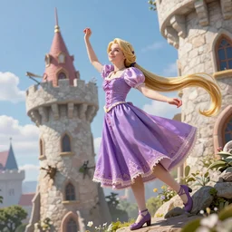 rapunzel is throwing her long hair so the prince can climb the tower, unreal 5, DAZ, hyperrealistic, octane render, cosplay, RPG portrait, dynamic lighting
