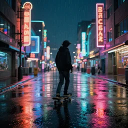 a person skateboards through an empty neon town in the rain, colored gel lighting, reflective surfaces, midnight, portra, film grain, reminiscent of blade runner