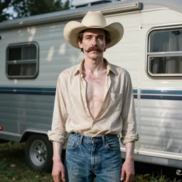 pale skin rupaul standing in front of a trailer home, poor, jeans, unhappy, open shirt, mustache, cowboy hat