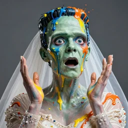 a highly detailed cinematic headshot portrait photograph of a shocked bride of frankenstein with a dripping paint face, with blue and orange and yellow paint splash, dynamic pose, liquid, ultra realistic, beautiful rim lighting, by richard avedon and annie leibovitz and arnold newman, photorealistic, hyperrealistic, octane, hasselblad camera, zeiss lens, sharp focus, paint splash