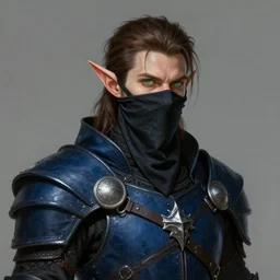 Male Wood Elf Rogue, dnd, d&d, dark blue leather armor, black bandana mask, Chest Guard, Brown Hair, green eyes, high fantasy, matte painting, by wlop, HD, Trending on Artstation. Head and Shoulder Portrait.
